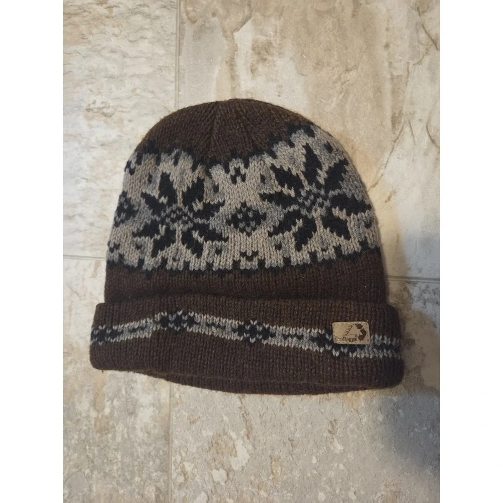 Vintage EcoRaggs Brown Winter Beanie With Nordic Inspired Snowflake Pattern Wool - Picture 1 of 4